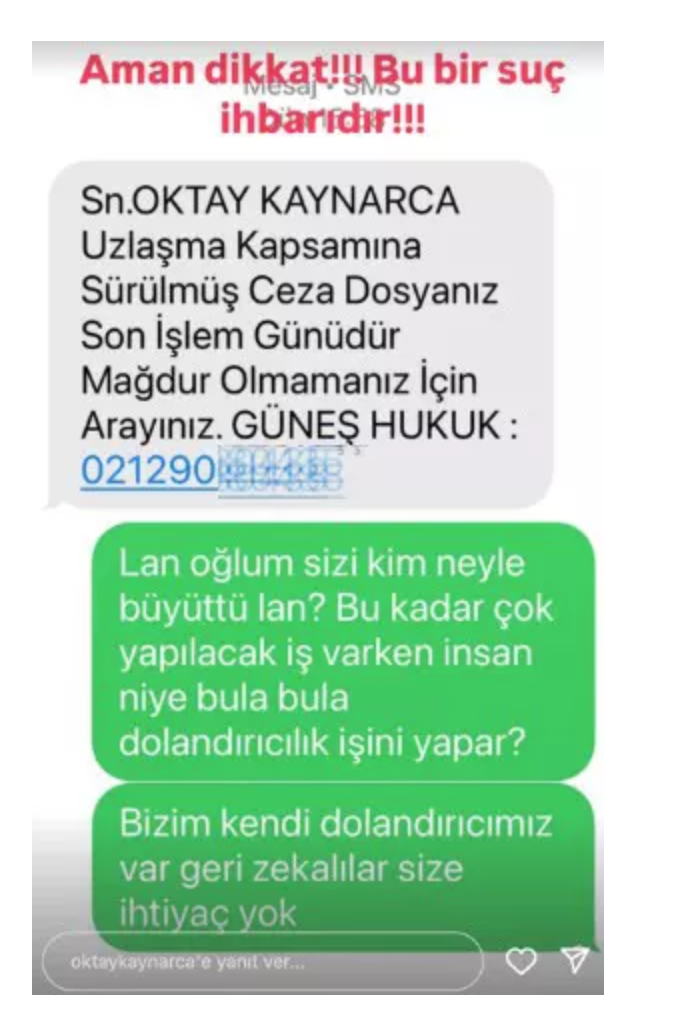 oktay kaynarca yi cileden cikaran dolandiricilik mesaji