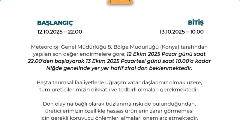 Niğde Valiliğinden zirai don uyarısı