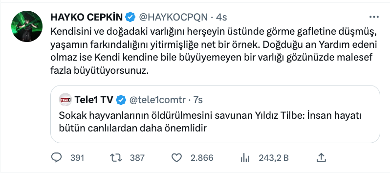 hayko cepkin den yildiz tilbe nin sokak hayvanlari oldurulsun sozlerine sert yanit