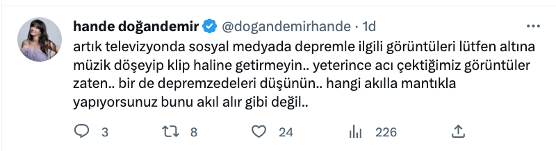 hande dogandemir den deprem paylasimlarinda muzik kullanilmasina tepki