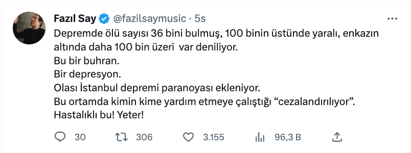 fazil say dan dikkat ceken deprem paylasimi