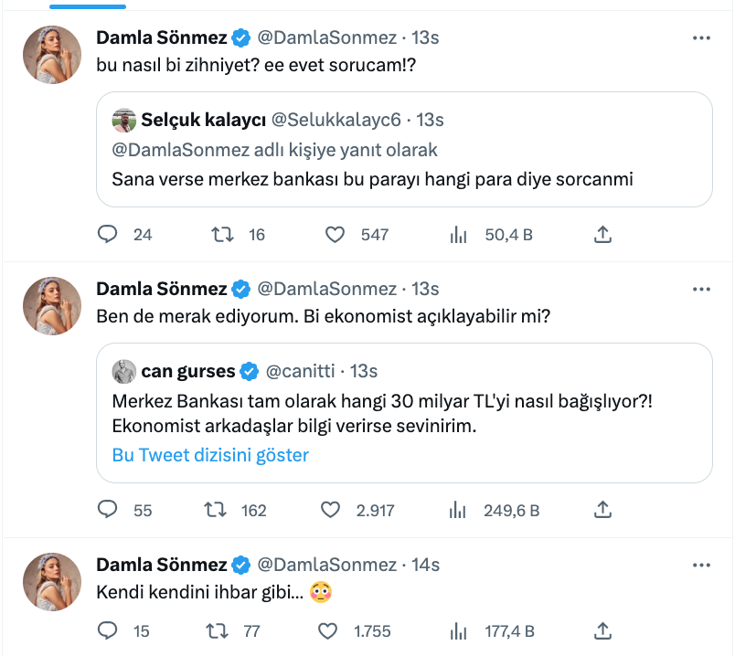 damla sonmez den merkez bankasi bagisina sok tepki