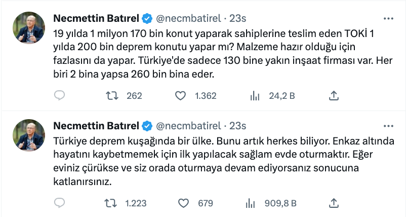 necmettin batirel in deprem paylasimi gundem oldu