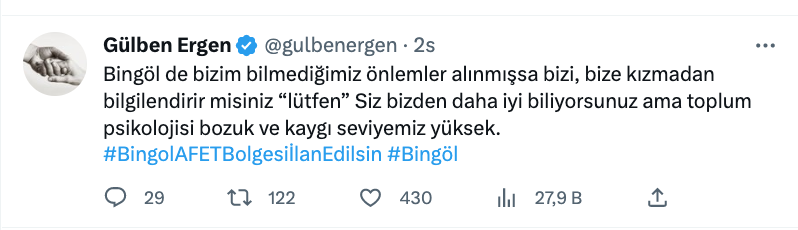 gulben ergen den bingol depremi ile ilgili dikkat ceken aciklama afet bolgesi ilan edilsin