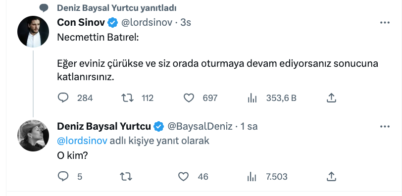 necmettin batirel in deprem paylasimina deniz baysal dan yorum o kim