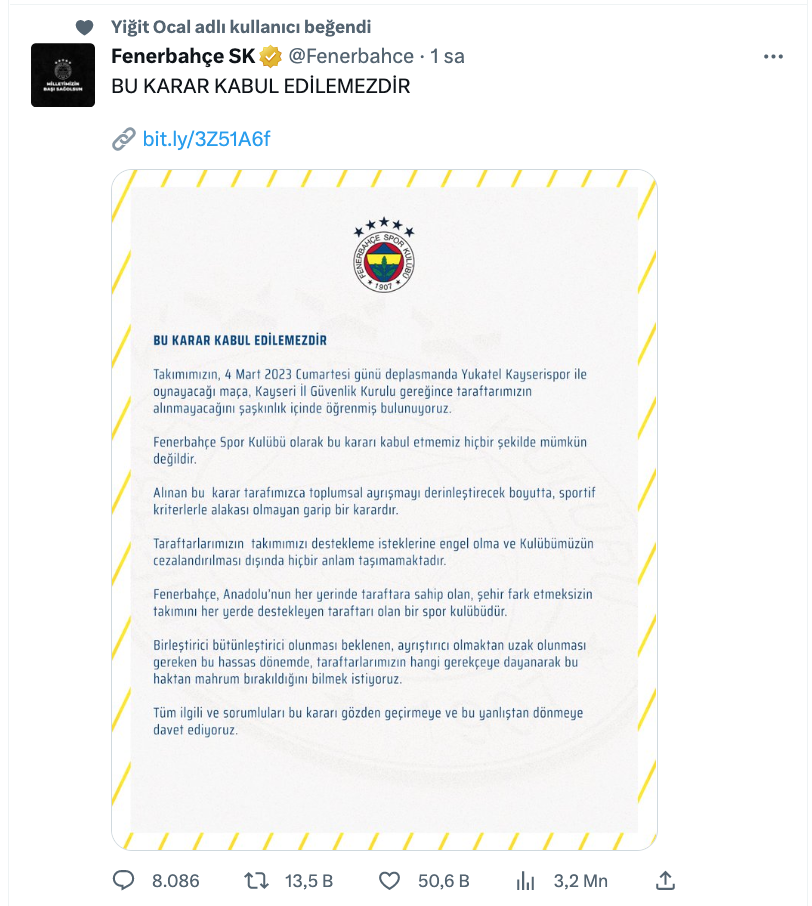 fenerbahce den kayserispor maci icin seyircisiz kararina tepki 